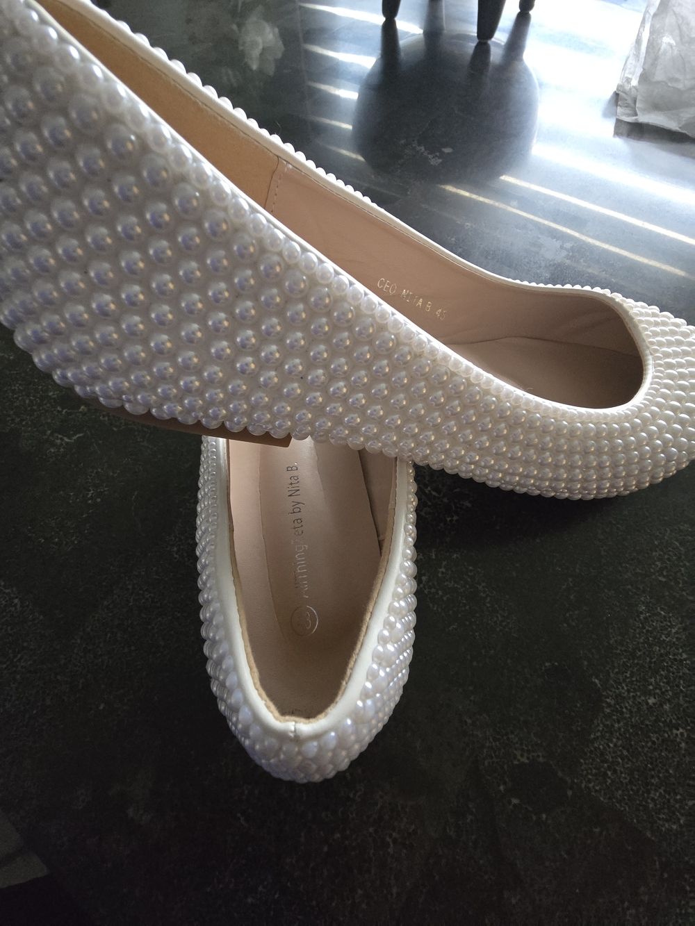 Nina Pearl-Embellished White-Cream Tone Flats